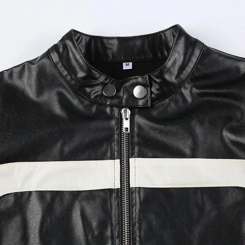 Black Stripe Stitched PU Leather Zip Up Jacket