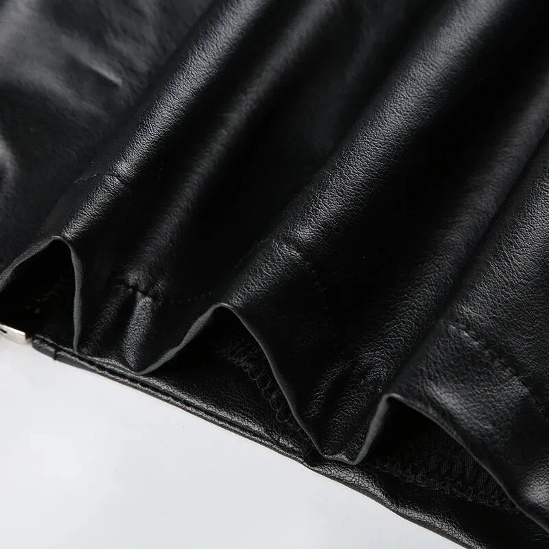 Black Stripe Stitched PU Leather Zip Up Jacket