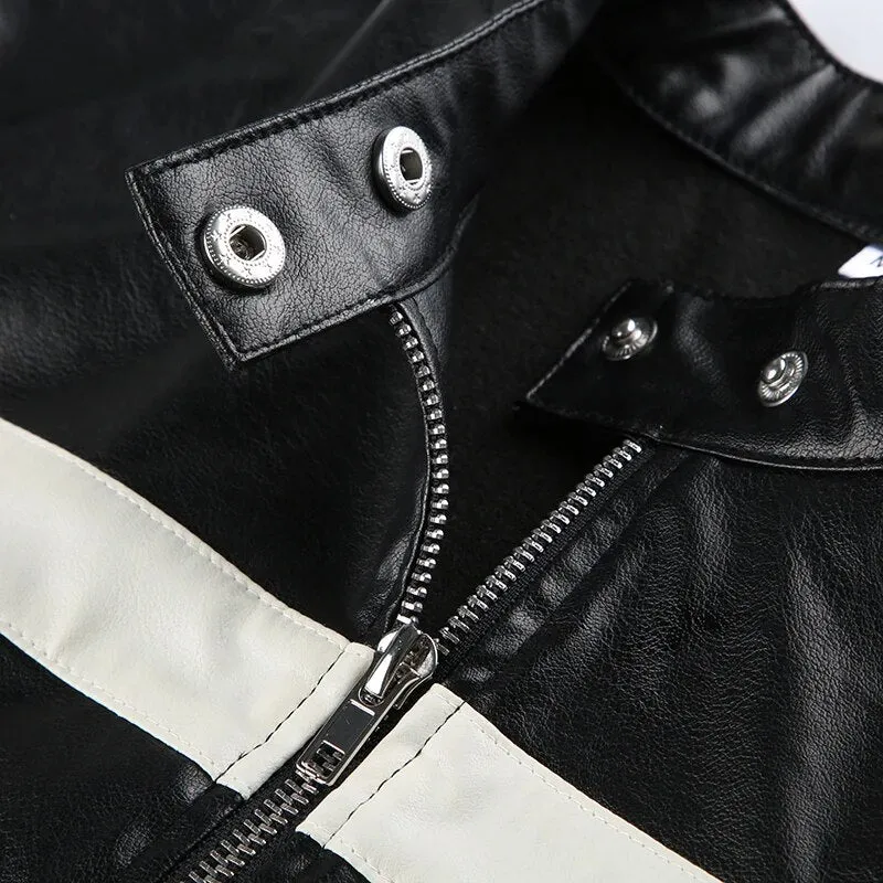 Black Stripe Stitched PU Leather Zip Up Jacket