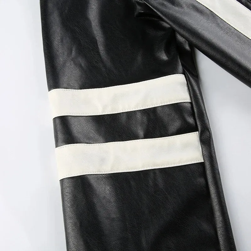 Black Stripe Stitched PU Leather Zip Up Jacket
