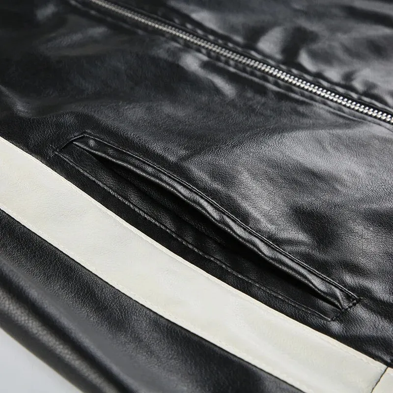 Black Stripe Stitched PU Leather Zip Up Jacket