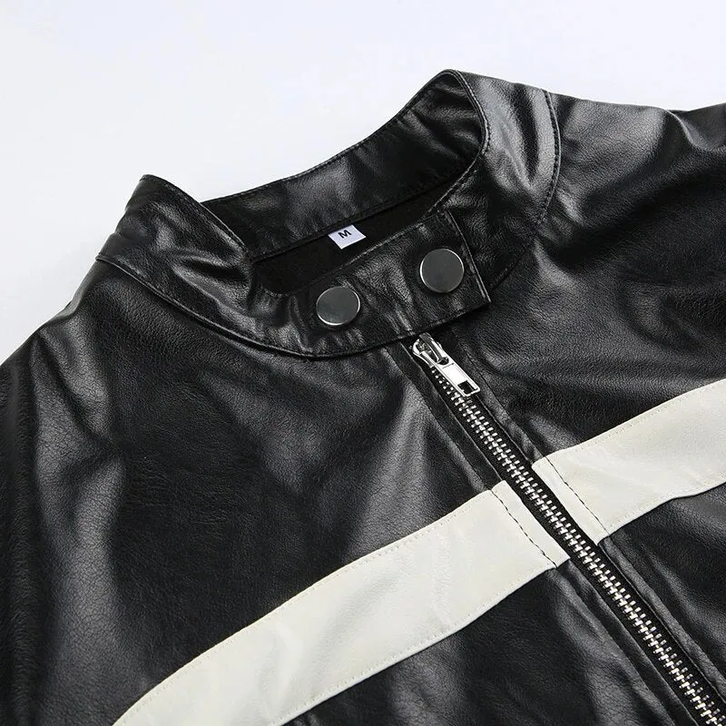 Black Stripe Stitched PU Leather Zip Up Jacket