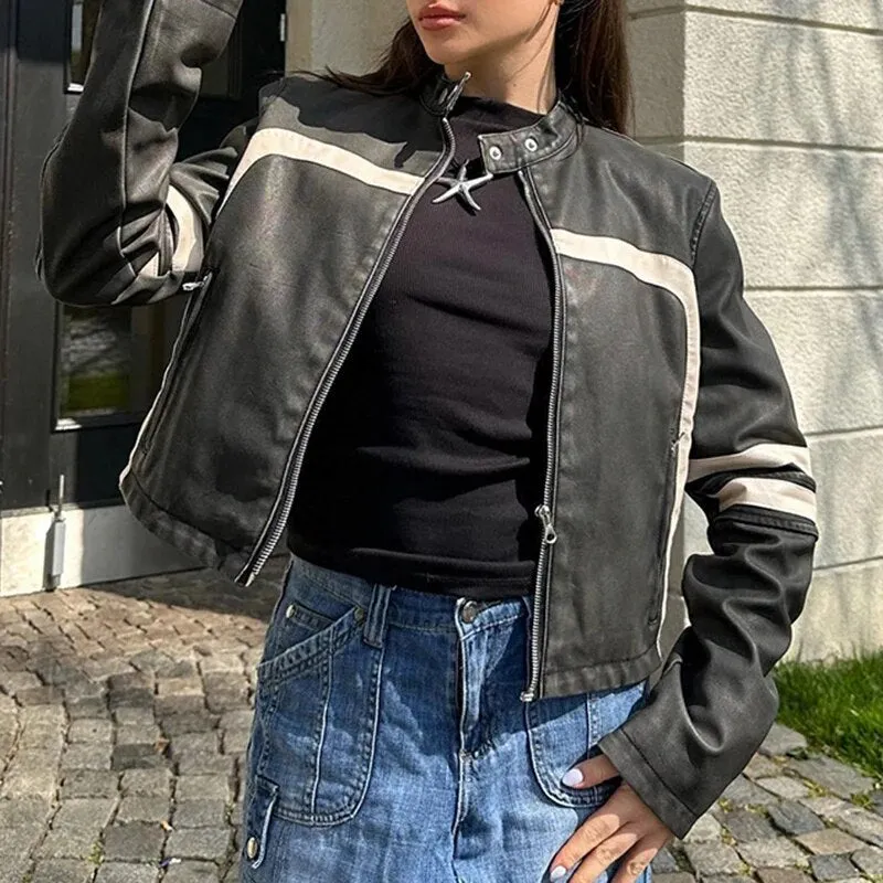 Black Stripe Stitched PU Leather Zip Up Jacket