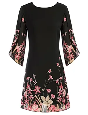 Black With Pink Flower 88 Loose Chiffon Dress Elegant Wedding Guest Dress for Party Dresses Casual Summer - GRACE KARIN