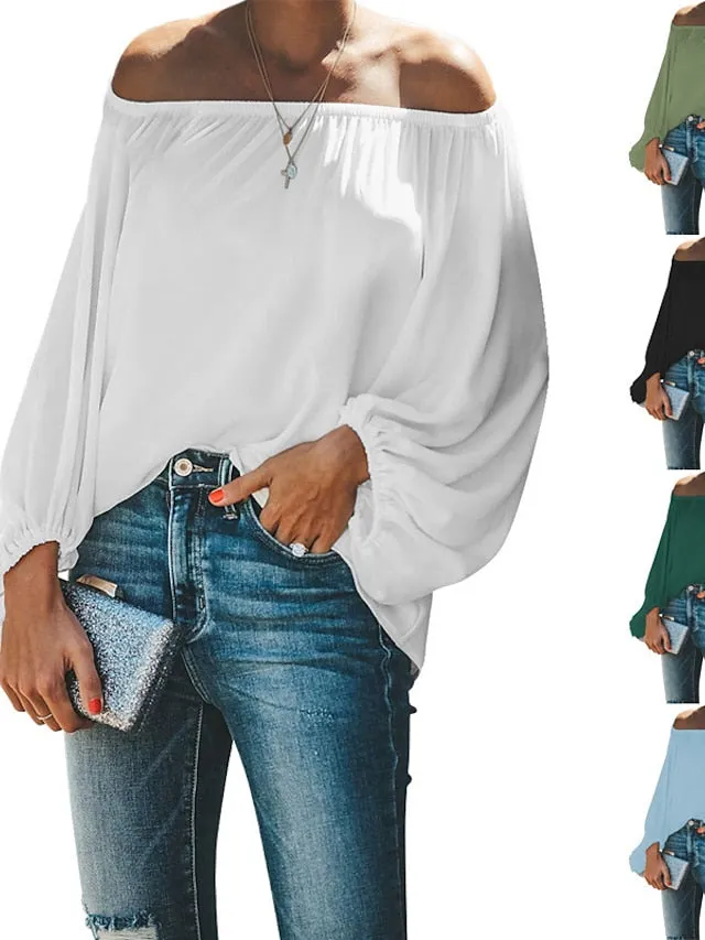 Blouse Patchwork Cold Shoulder Solid / Plain Color Classic Sweet Off Shoulder Lantern Sleeve Regular Spring &  Fall Black White Dark Green Green Light Blue for Women