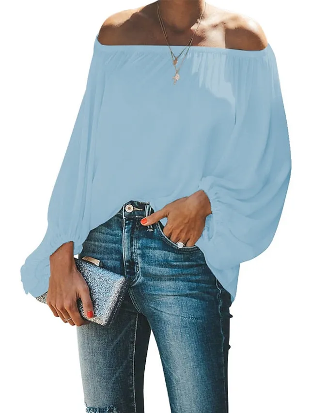 Blouse Patchwork Cold Shoulder Solid / Plain Color Classic Sweet Off Shoulder Lantern Sleeve Regular Spring &  Fall Black White Dark Green Green Light Blue for Women