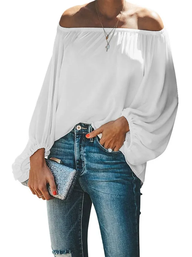Blouse Patchwork Cold Shoulder Solid / Plain Color Classic Sweet Off Shoulder Lantern Sleeve Regular Spring &  Fall Black White Dark Green Green Light Blue for Women