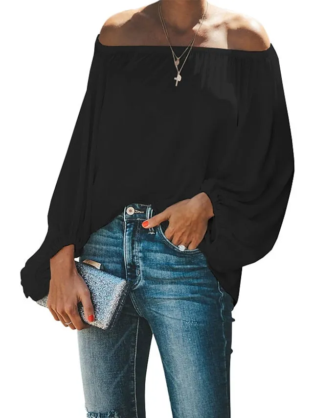 Blouse Patchwork Cold Shoulder Solid / Plain Color Classic Sweet Off Shoulder Lantern Sleeve Regular Spring &  Fall Black White Dark Green Green Light Blue for Women