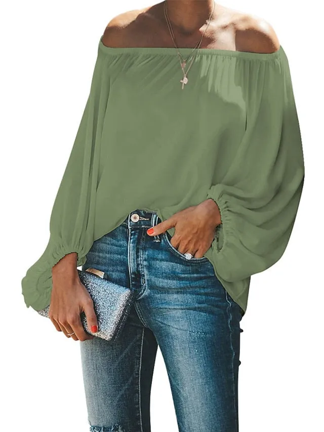 Blouse Patchwork Cold Shoulder Solid / Plain Color Classic Sweet Off Shoulder Lantern Sleeve Regular Spring &  Fall Black White Dark Green Green Light Blue for Women