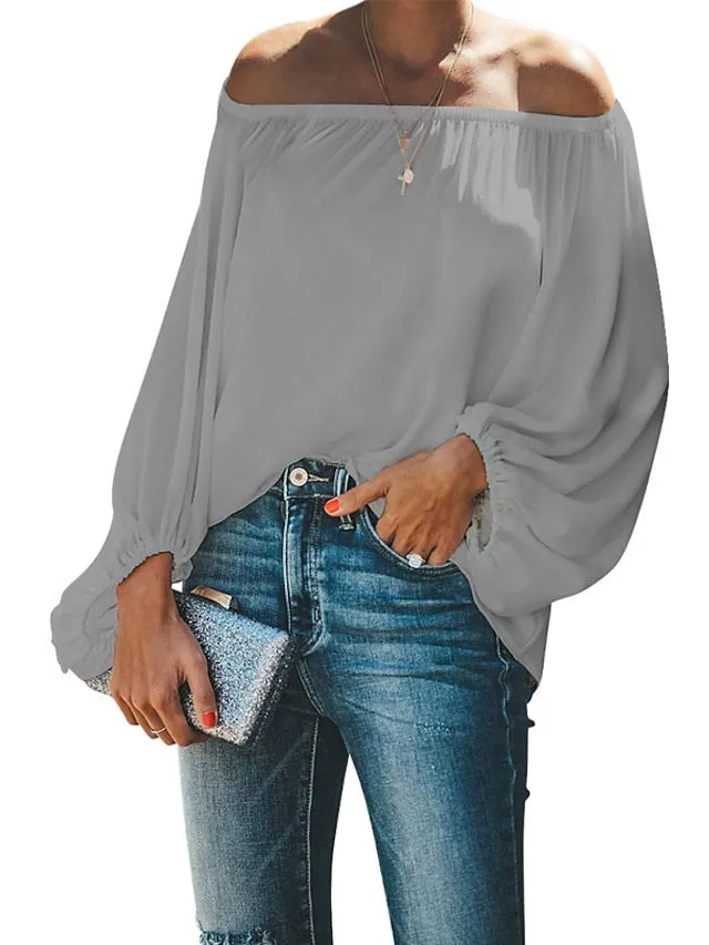 Blouse Patchwork Cold Shoulder Solid / Plain Color Classic Sweet Off Shoulder Lantern Sleeve Regular Spring &  Fall Black White Dark Green Green Light Blue for Women