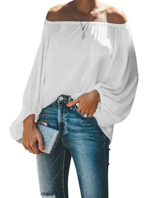 Blouse Patchwork Cold Shoulder Solid / Plain Color Classic Sweet Off Shoulder Lantern Sleeve Regular Spring &  Fall Black White Dark Green Green Light Blue for Women