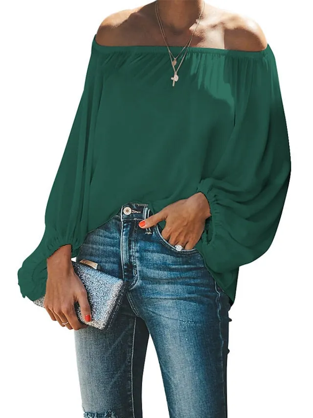Blouse Patchwork Cold Shoulder Solid / Plain Color Classic Sweet Off Shoulder Lantern Sleeve Regular Spring &  Fall Black White Dark Green Green Light Blue for Women