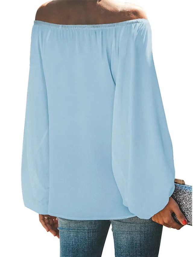 Blouse Patchwork Cold Shoulder Solid / Plain Color Classic Sweet Off Shoulder Lantern Sleeve Regular Spring &  Fall Black White Dark Green Green Light Blue for Women