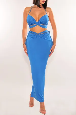 Blue Cut Out Knotted Midi Skirt Two Piece Set