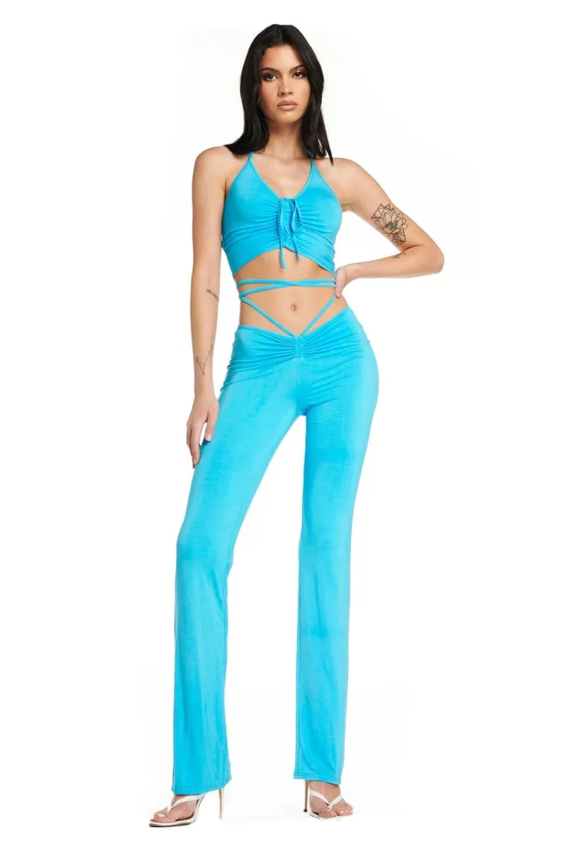 Blue Lace-Up Ruched Flare Pants & Halter Crop Top