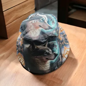 Blue Native design Bucket Hat( blue wolf )