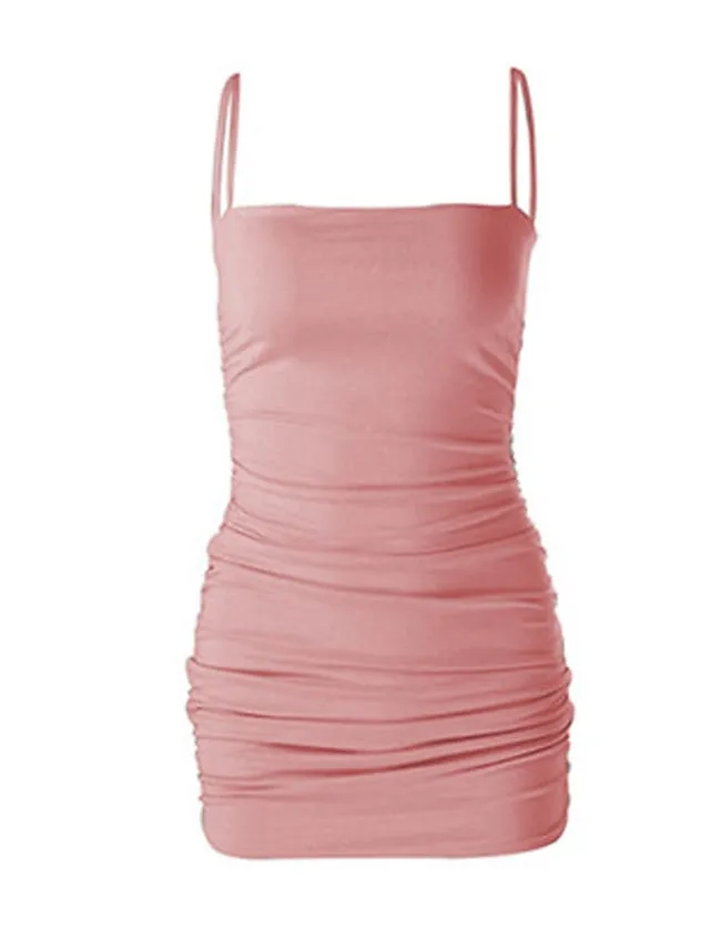 Bodycon Sheath Dress Slip Dress Mini Dress Black White Pink Sleeveless Pure Color Ruched Spring Summer Spaghetti Strap Formal Slim  XS S M L XL for Women