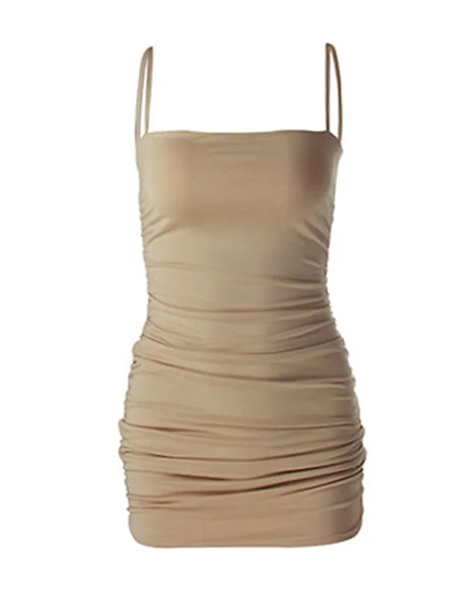 Bodycon Sheath Dress Slip Dress Mini Dress Black White Pink Sleeveless Pure Color Ruched Spring Summer Spaghetti Strap Formal Slim  XS S M L XL for Women