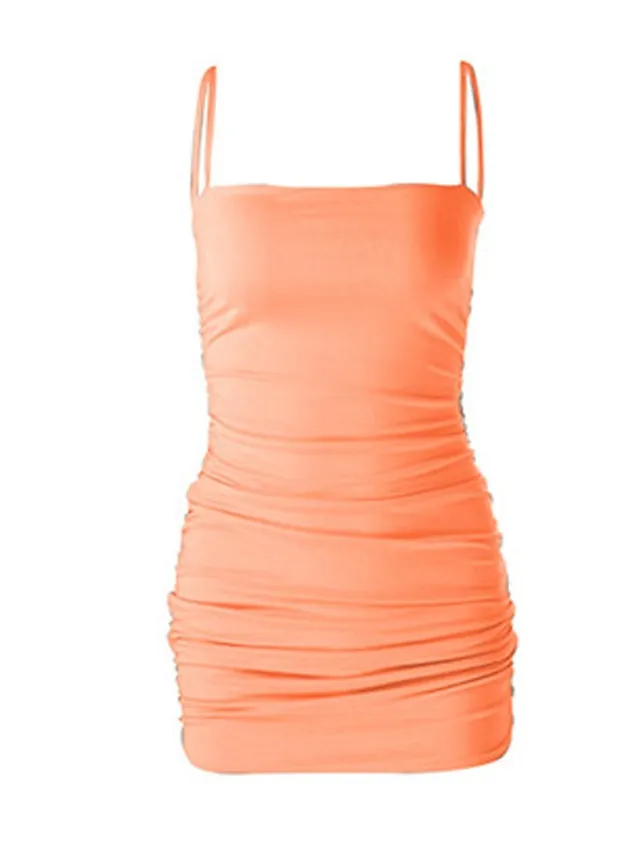 Bodycon Sheath Dress Slip Dress Mini Dress Black White Pink Sleeveless Pure Color Ruched Spring Summer Spaghetti Strap Formal Slim  XS S M L XL for Women