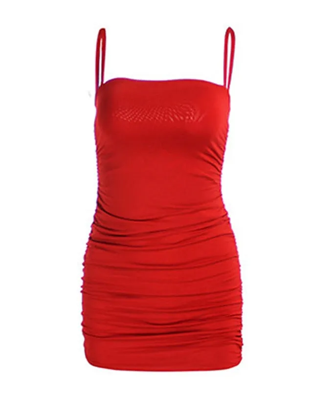 Bodycon Sheath Dress Slip Dress Mini Dress Black White Pink Sleeveless Pure Color Ruched Spring Summer Spaghetti Strap Formal Slim  XS S M L XL for Women