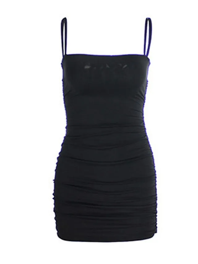 Bodycon Sheath Dress Slip Dress Mini Dress Black White Pink Sleeveless Pure Color Ruched Spring Summer Spaghetti Strap Formal Slim  XS S M L XL for Women