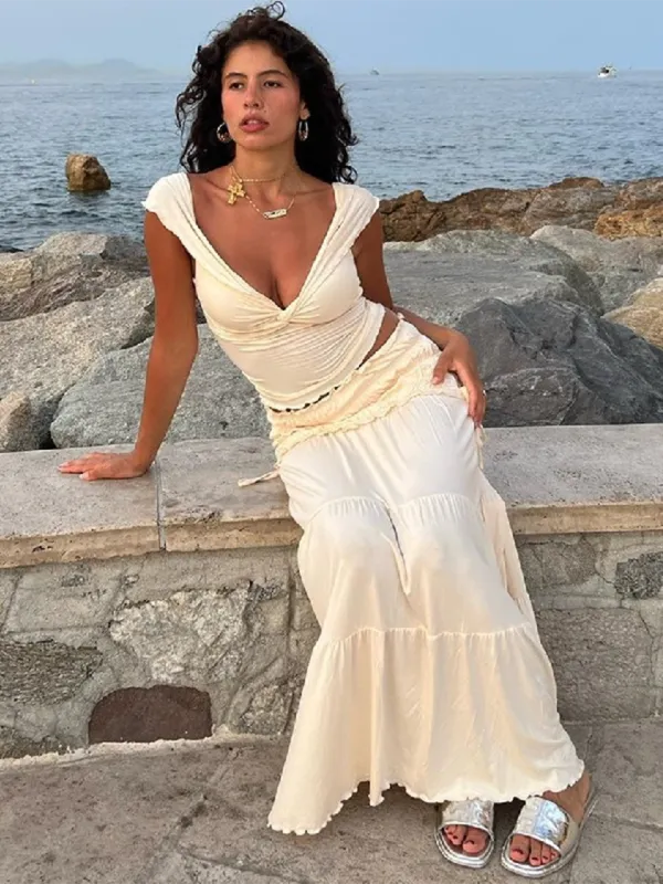 Bohemian Style Romantic Off-Shoulder Top and Tiered Skirt