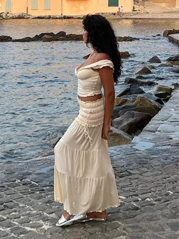 Bohemian Style Romantic Off-Shoulder Top and Tiered Skirt