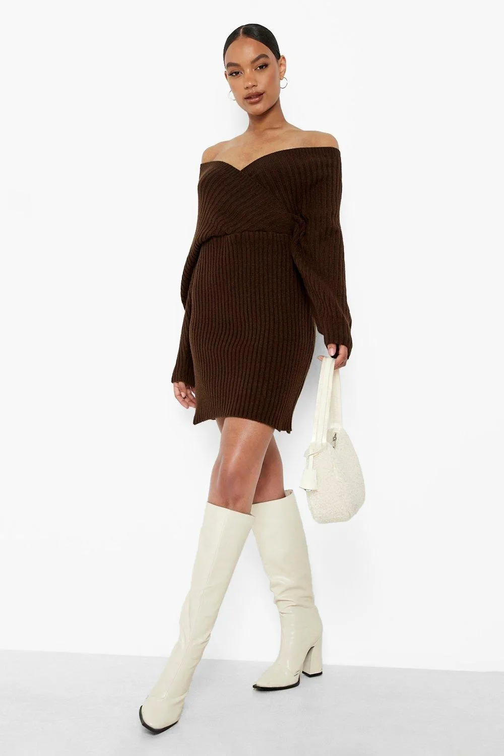 Boohoo Off Shoulder Knitted Dress, Chocolate