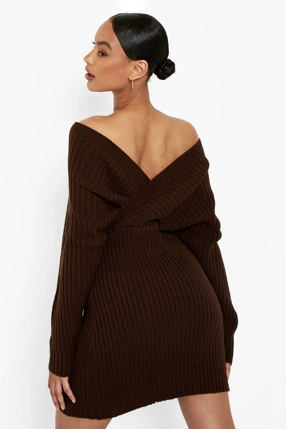 Boohoo Off Shoulder Knitted Dress, Chocolate