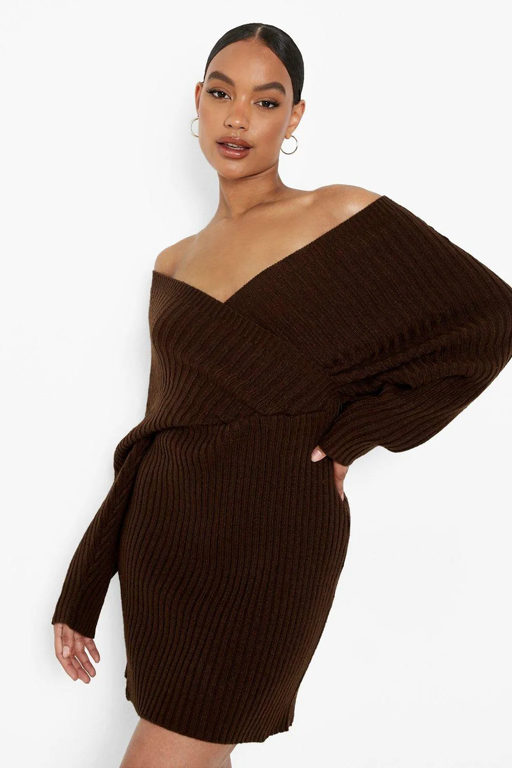Boohoo Off Shoulder Knitted Dress, Chocolate