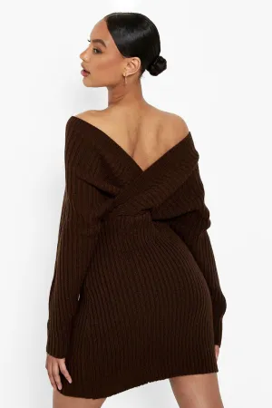 Boohoo Off Shoulder Knitted Dress, Chocolate