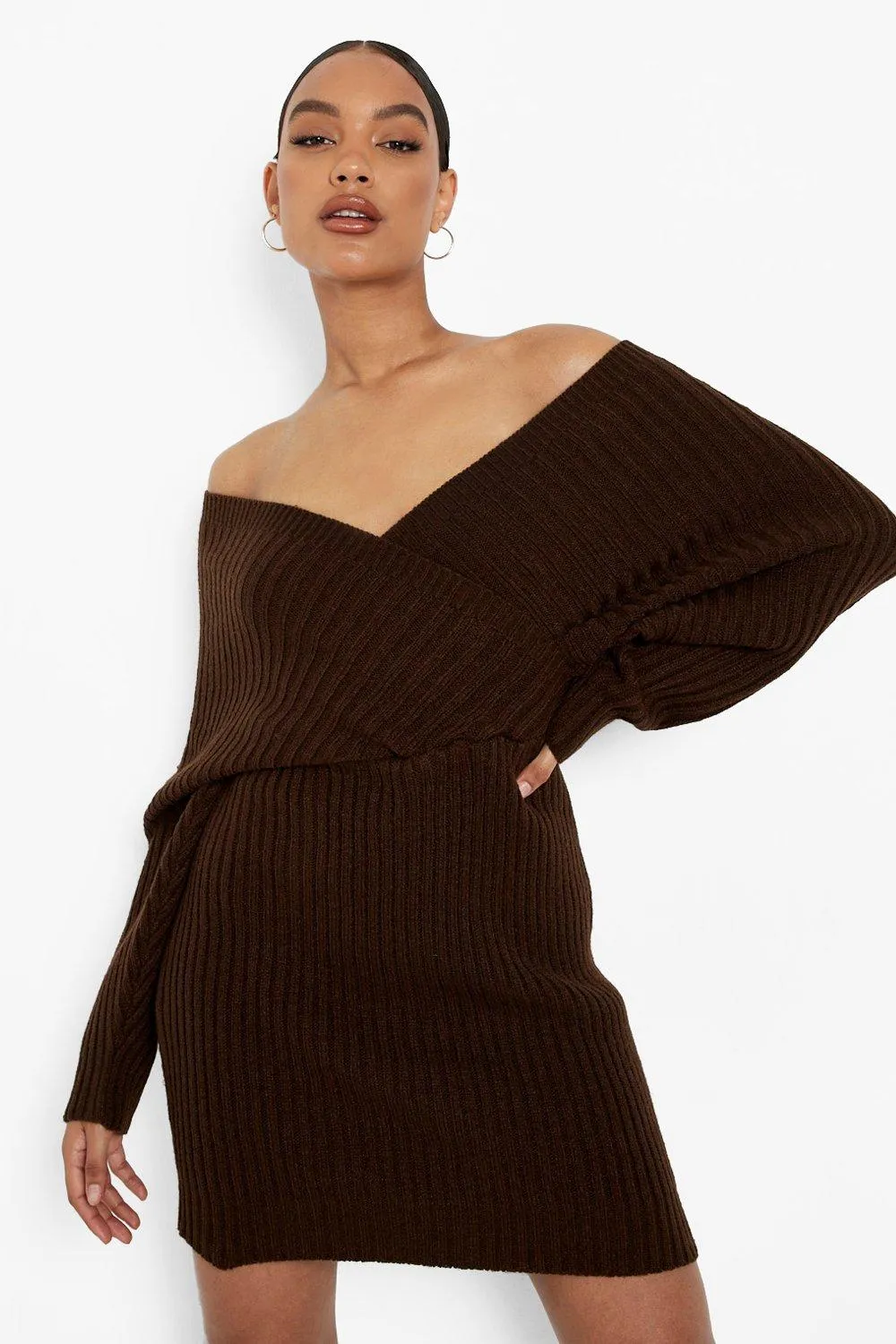Boohoo Off Shoulder Knitted Dress, Chocolate