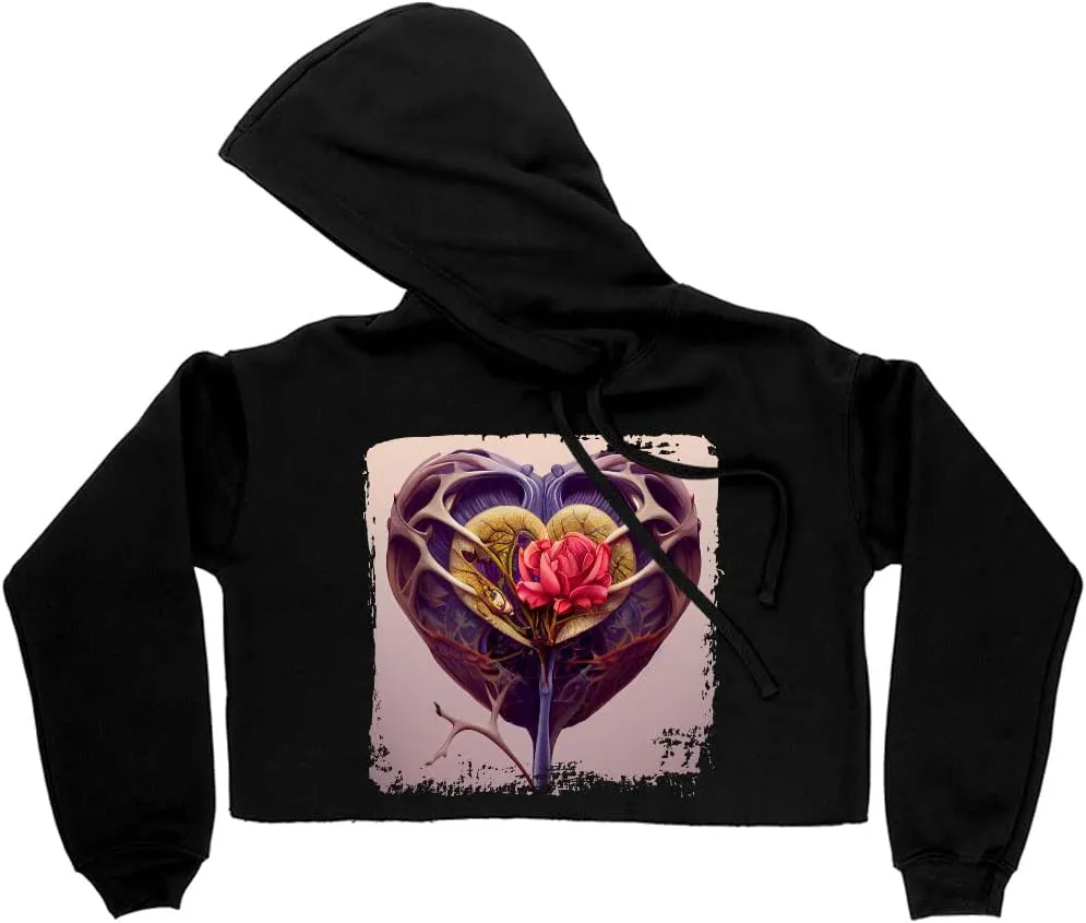 Botanical Women's Cropped Fleece Hoodie - Heart Cropped Hoodie for Women - Flower Hooded Sweatshirt