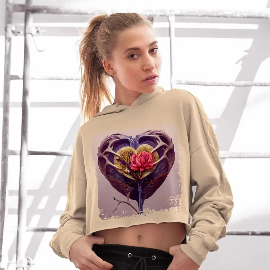 Botanical Women's Cropped Fleece Hoodie - Heart Cropped Hoodie for Women - Flower Hooded Sweatshirt