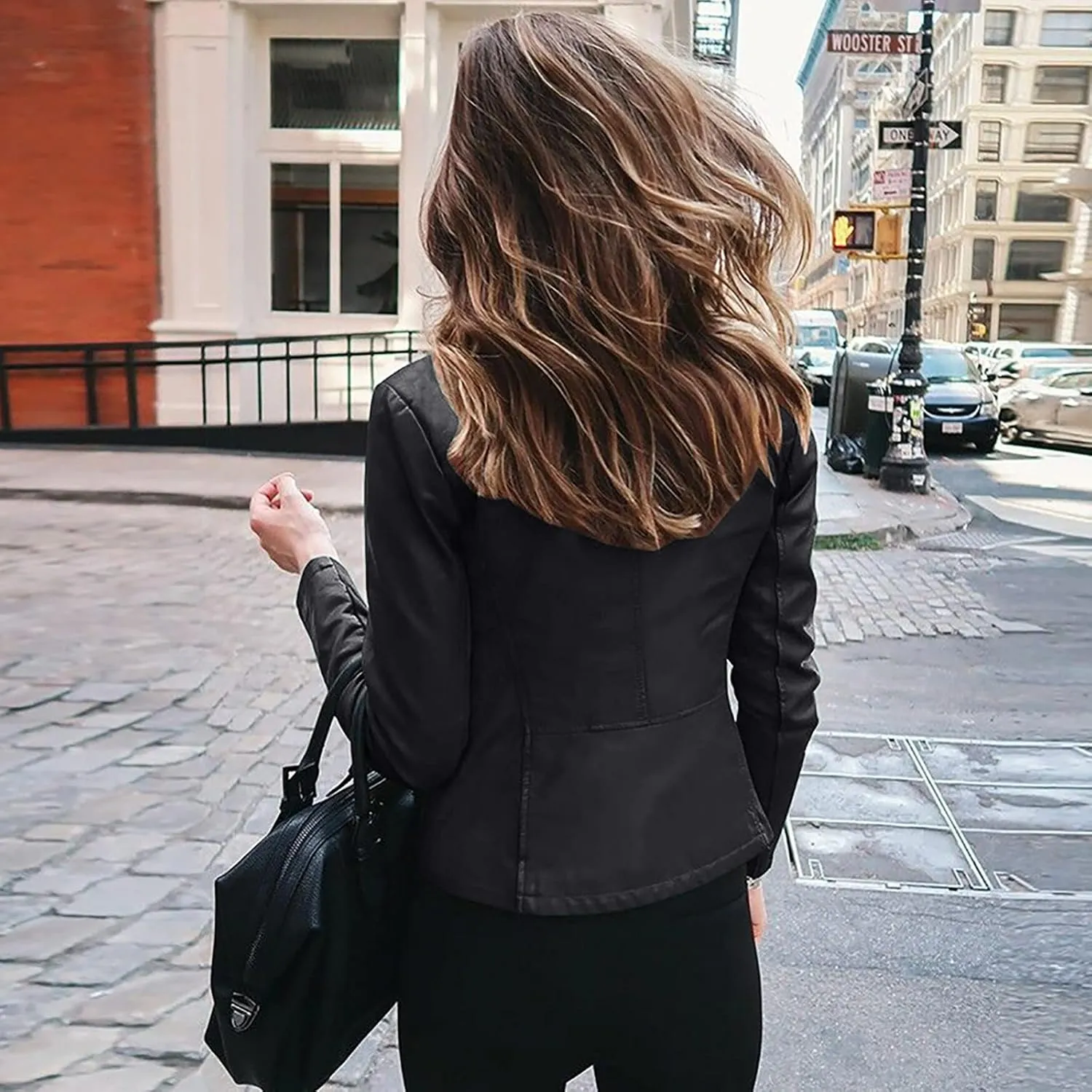 BOXIACEY Women's Cool Faux Leather Jacket Casual Fall Long Sleeve Short Jacket Outerwear Zipper Fitted Coat