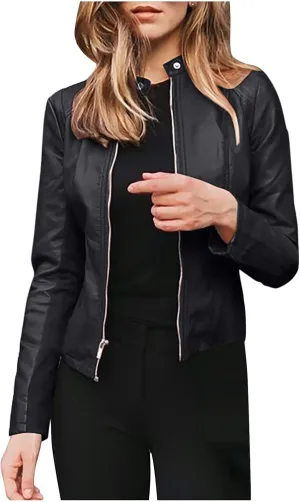 BOXIACEY Women's Cool Faux Leather Jacket Casual Fall Long Sleeve Short Jacket Outerwear Zipper Fitted Coat