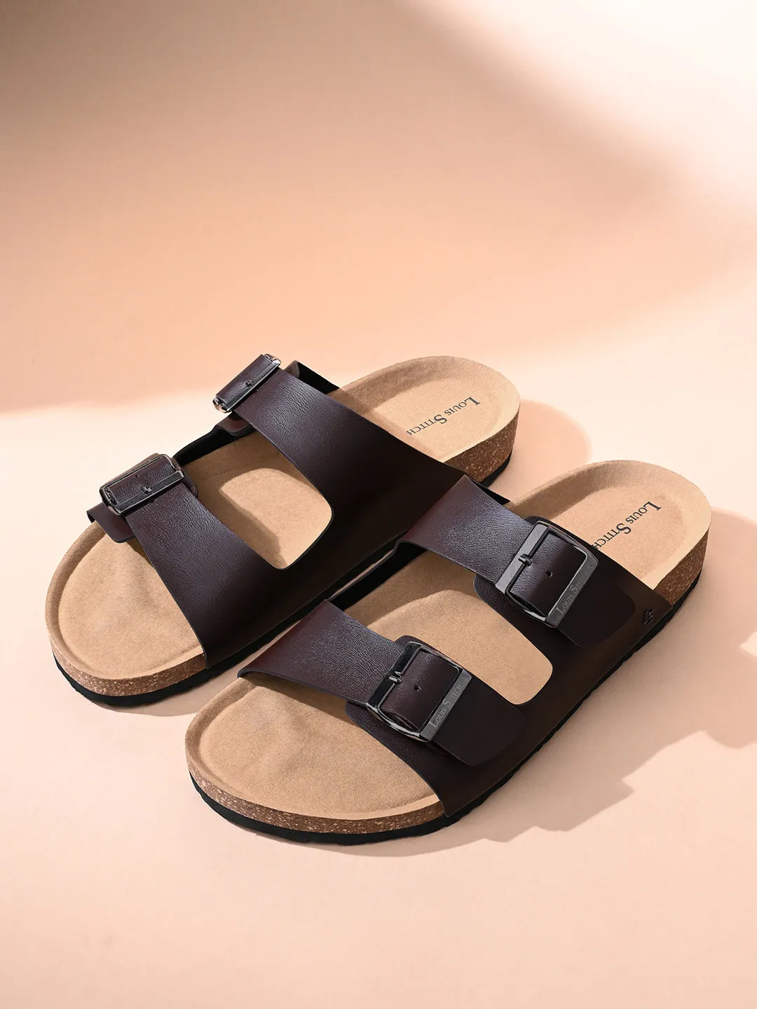 Brunette Brown Lightweight Open Toe Double Strap Slip-on Cork Sandal