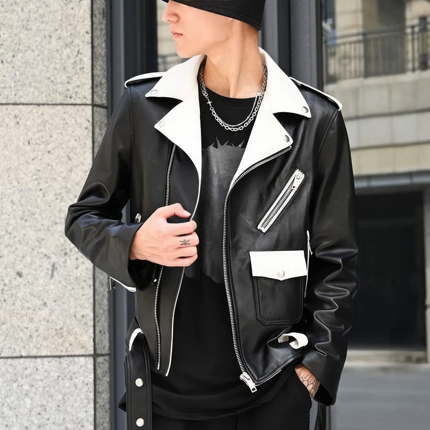 Burning Rock Men's Black Sheepskin Biker Jacket White Lapel Moto Style with Asymmetric Zip Racer Fit Belted Slim Leather Coat