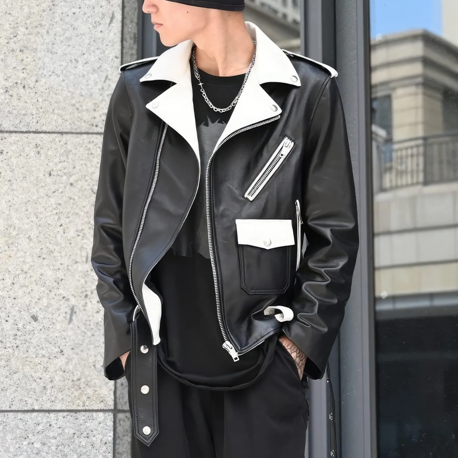 Burning Rock Men's Black Sheepskin Biker Jacket White Lapel Moto Style with Asymmetric Zip Racer Fit Belted Slim Leather Coat