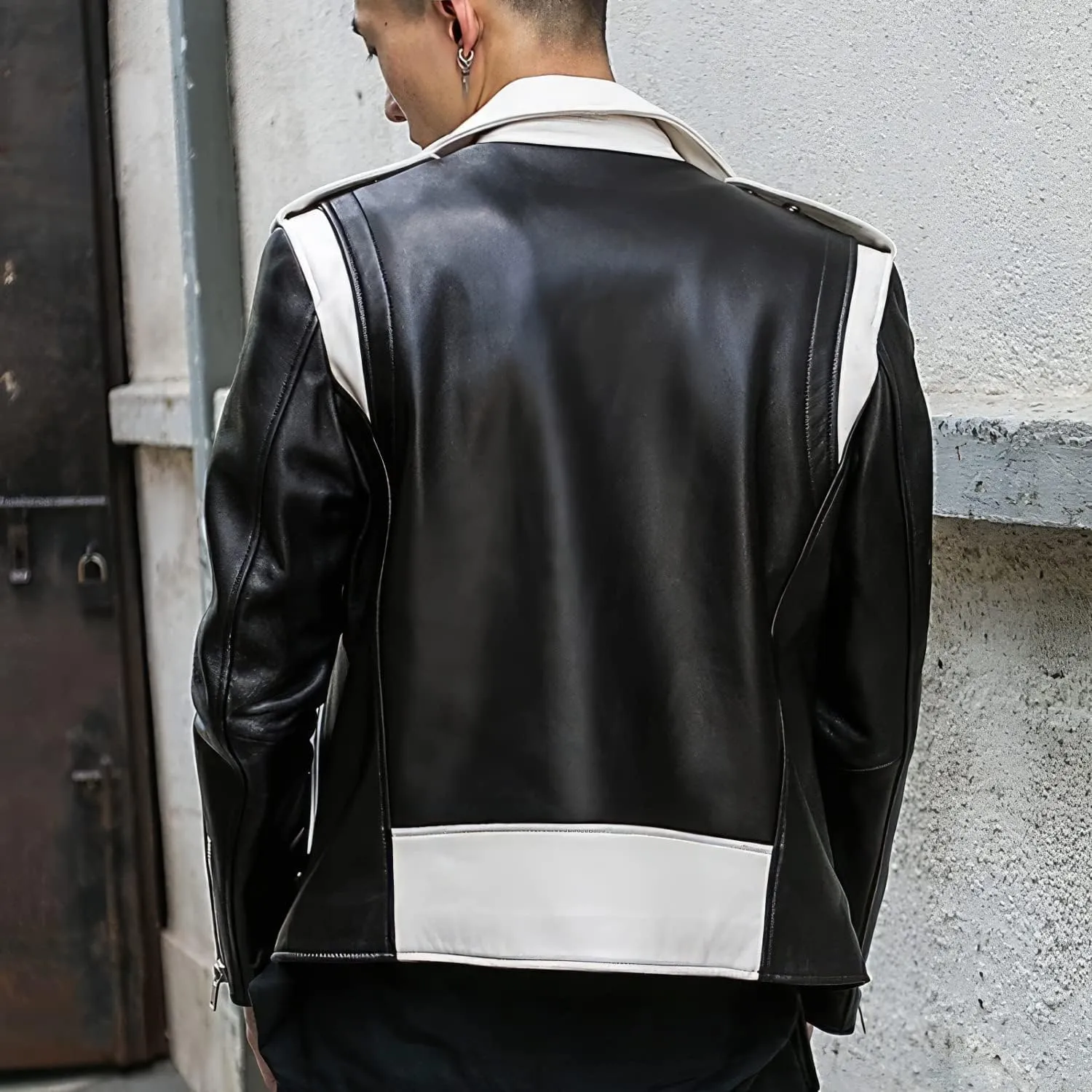 Burning Rock Men's Black Sheepskin Biker Jacket White Lapel Moto Style with Asymmetric Zip Racer Fit Belted Slim Leather Coat
