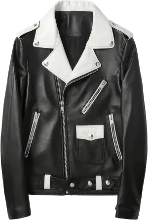 Burning Rock Men's Black Sheepskin Biker Jacket White Lapel Moto Style with Asymmetric Zip Racer Fit Belted Slim Leather Coat