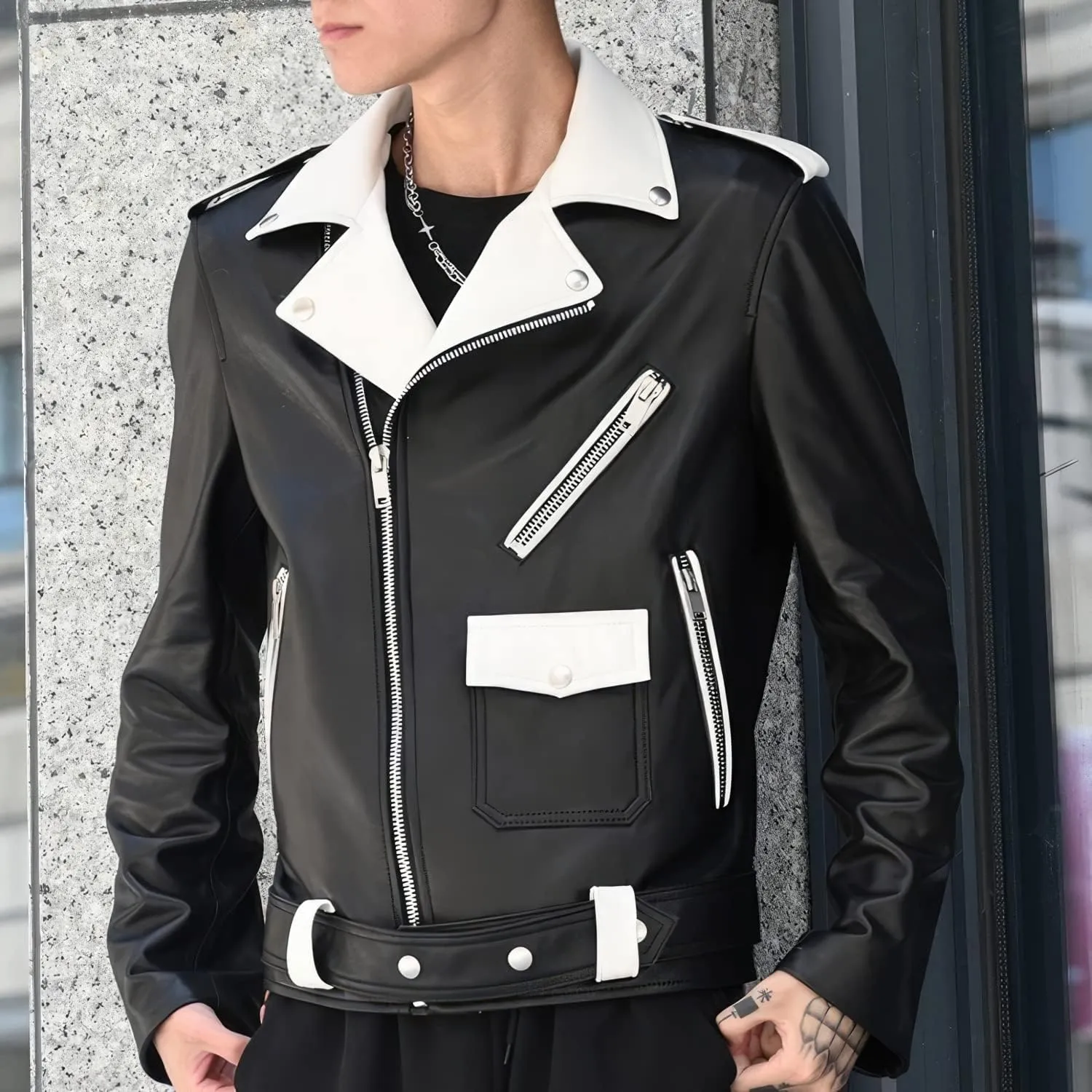Burning Rock Men's Black Sheepskin Biker Jacket White Lapel Moto Style with Asymmetric Zip Racer Fit Belted Slim Leather Coat