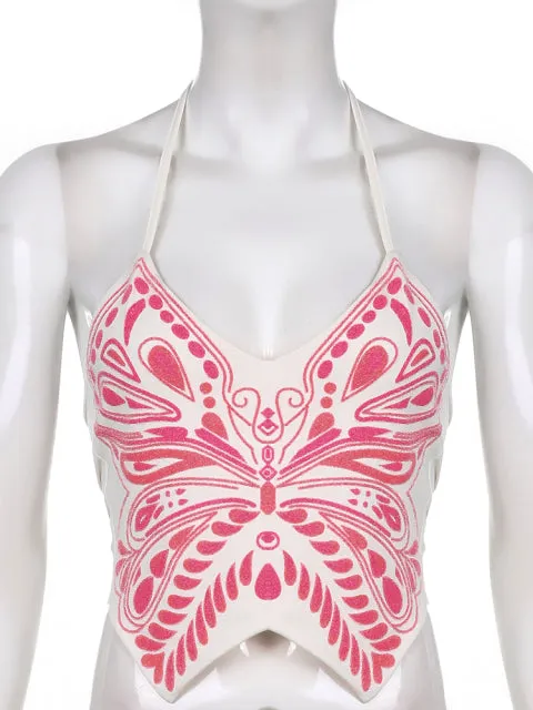 Butterfly Print Halter Camisole Corset Woman Backless Crop Top