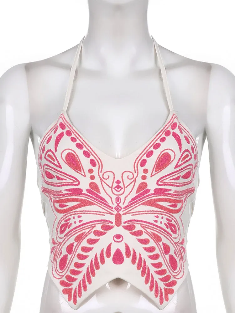 Butterfly Print Halter Camisole Corset Woman Backless Crop Top