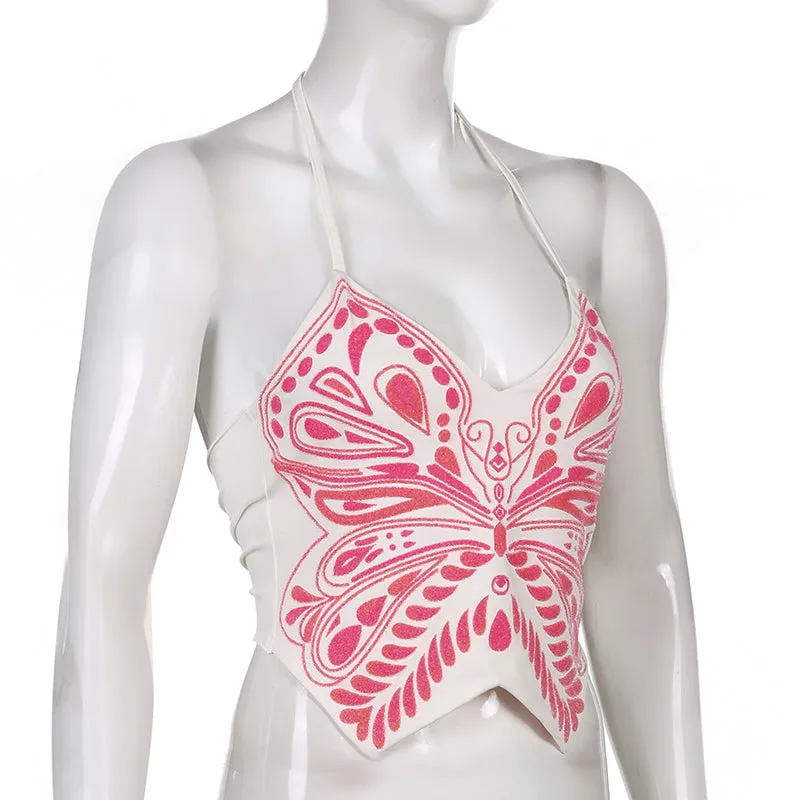 Butterfly Print Halter Camisole Corset Woman Backless Crop Top