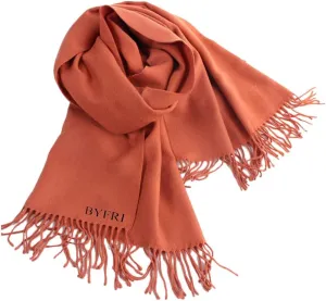 BYFRI Soft Cashmere Winter Scarf with Fringe Tassels, Coral Orange