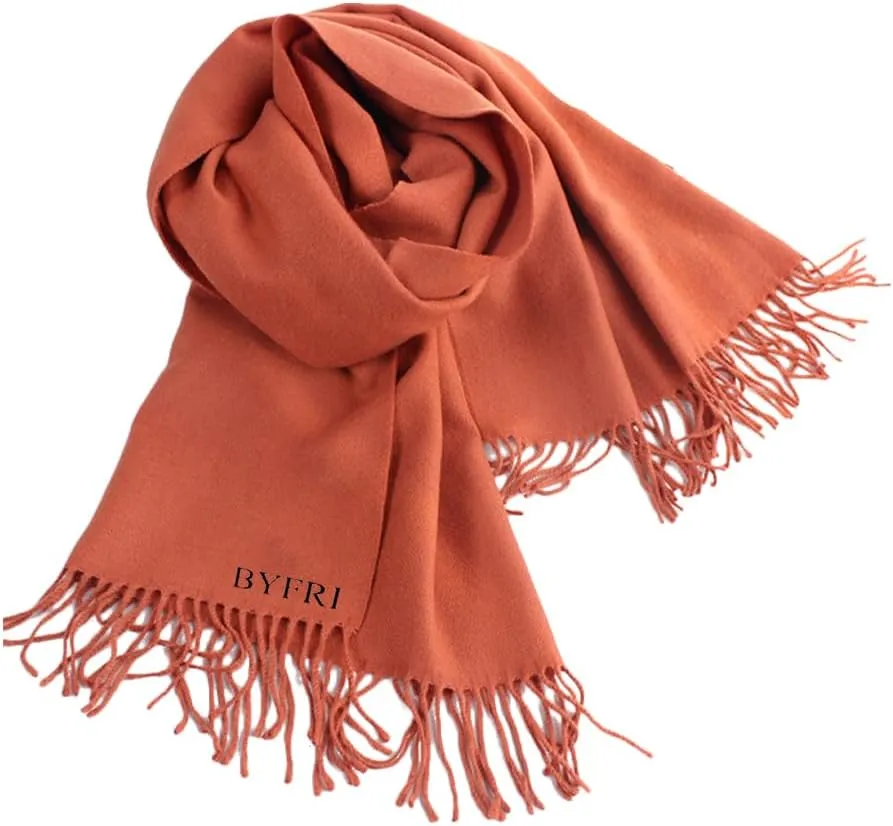 BYFRI Soft Cashmere Winter Scarf with Fringe Tassels, Coral Orange