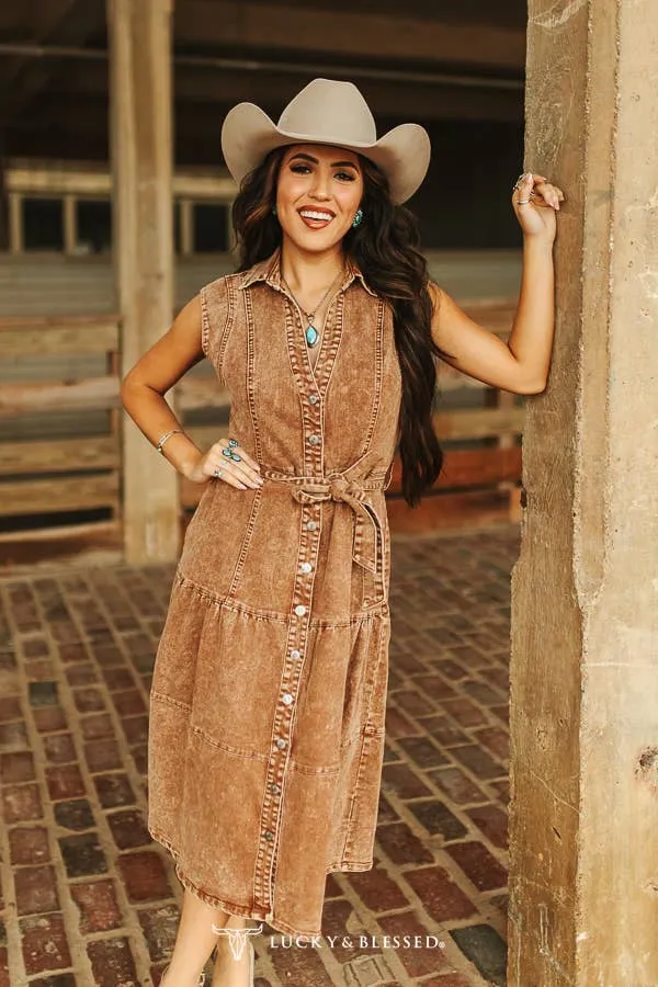 Camel Wash Denim Button Down Collared Dress W Waist Tie