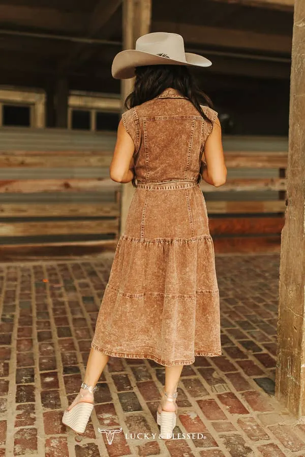 Camel Wash Denim Button Down Collared Dress W Waist Tie