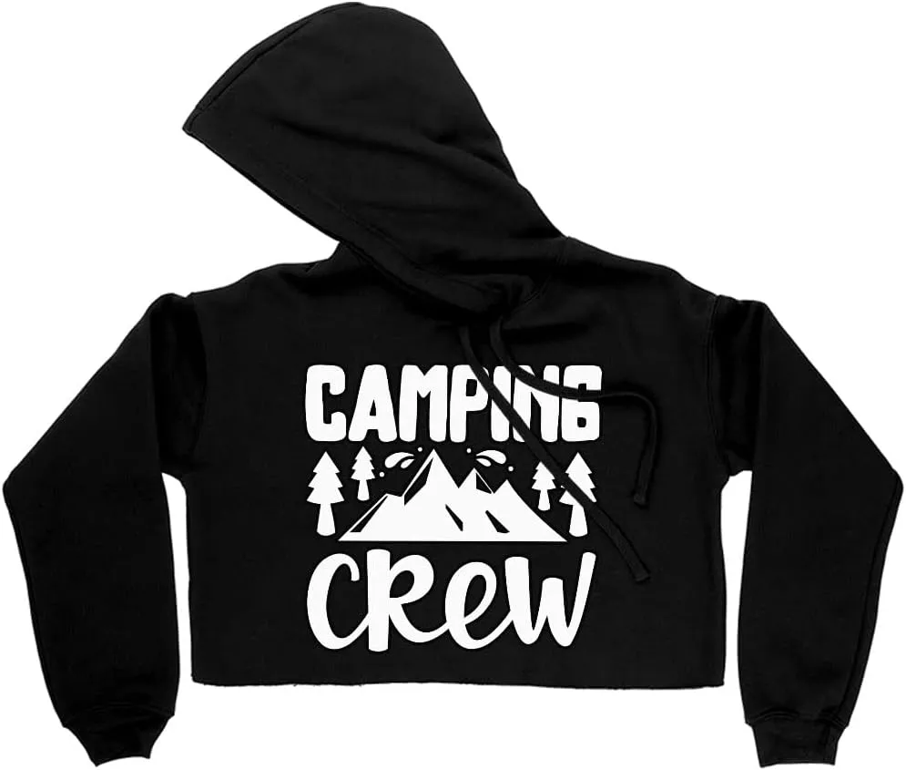 Camping Crew Women's Cropped Fleece Hoodie - Mountains Cropped Hoodie for Women - Graphic Hooded Sweatshirt